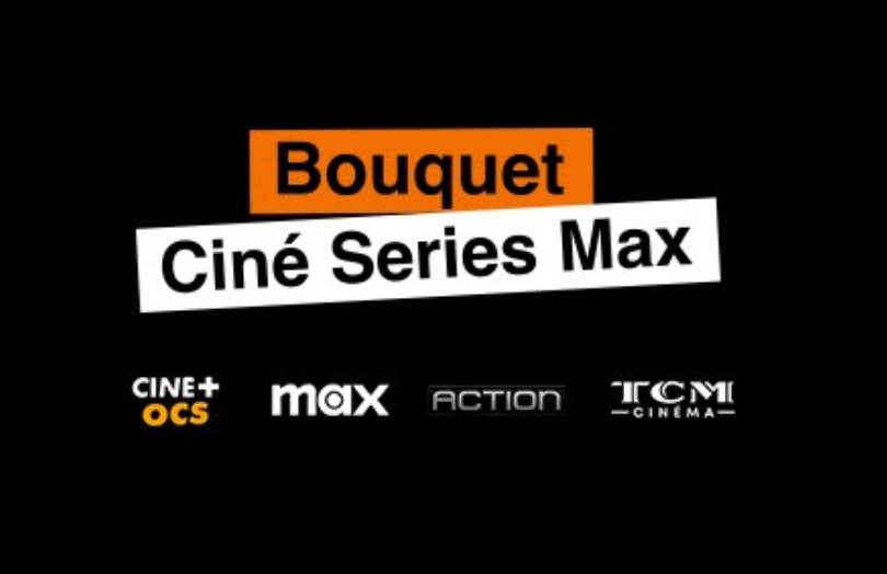 Logos des chaînes Ciné+ OCS, Max,  Action et TCM Cinema sur fond noir.