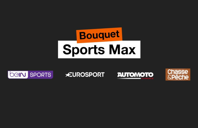 Logos des chaînes sportives beIN SPORTS, EUROSPORT, AUTOMOTO, Chasse & Pêche sous le titre Bouquet Sports Max.