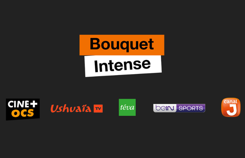 Texte « Bouquet Intense » avec logos des chaînes Cine+ OCS, Ushuaïa TV, Téva, beIN Sports et Canal J.